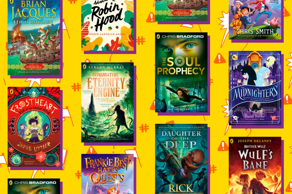 An image showing a selection of adventure stories for 9-12 year olds on a bright yellow background with orange doodles that include a hashtag, flag, danger sign and speech bubble