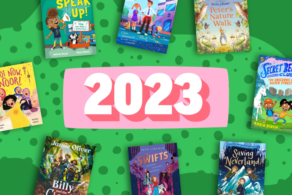 An image of a selection of Puffin books surrounding pinka nd white typography on top of a green and spotty background