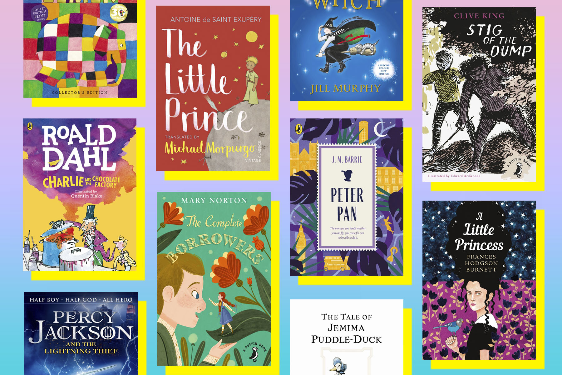 A picture of several different children's books on a pink to blue ombre background; each book has a bright yellow shadow