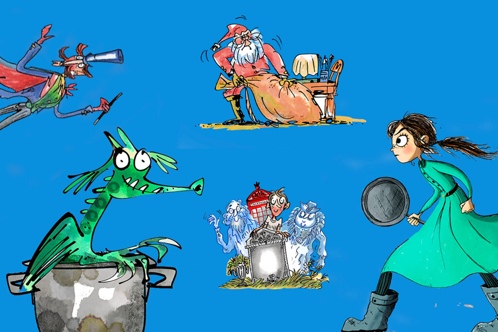 A picture of several illustrations from Terry Pratchett's novels on a blue background