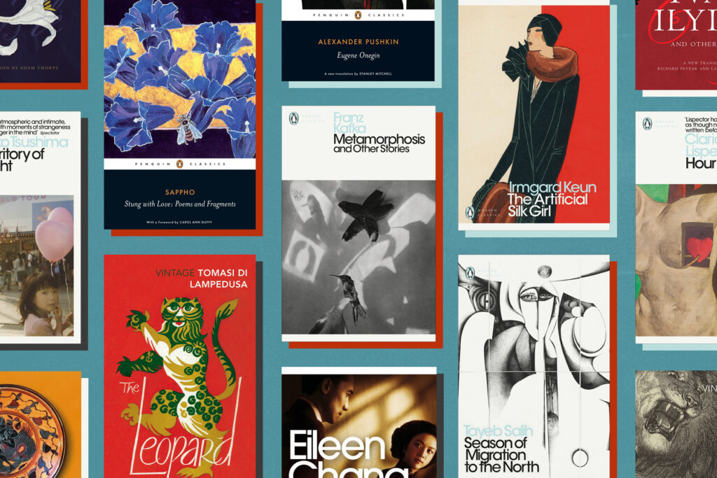 A flatlay of covers of classic books in translation